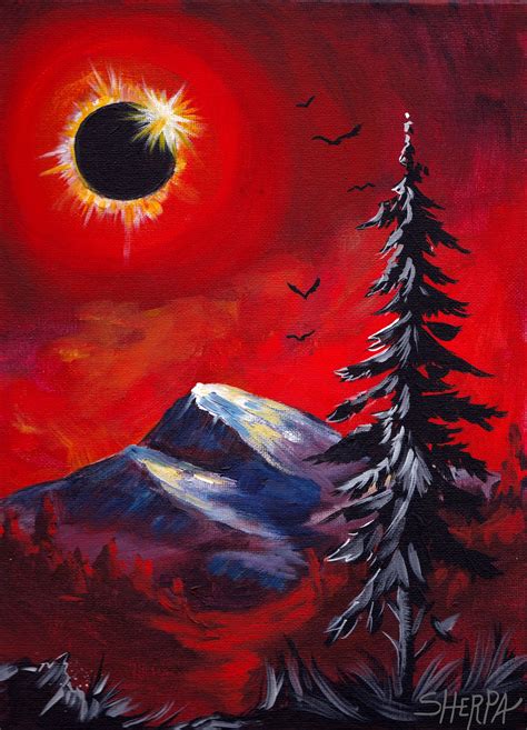 Acrylic Painting of diamond ring Eclipse over mountains with a lone ...