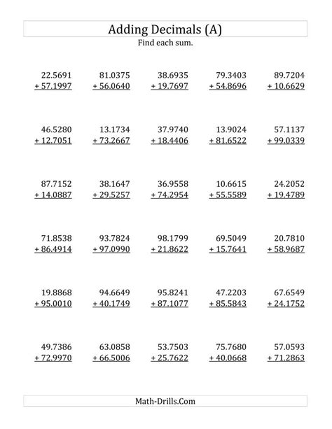 The Adding Decimal Ten Thousandths with 2 Digits Before the Decimal (range 10.0001 to 99.9999 ...