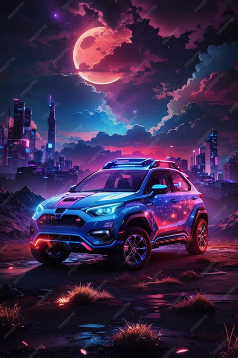 Premium AI Image | neon light car art in the dark of night clouds moon