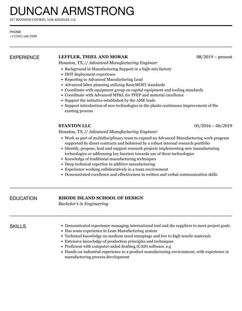 Advanced Manufacturing Engineer Resume Samples | Velvet Jobs