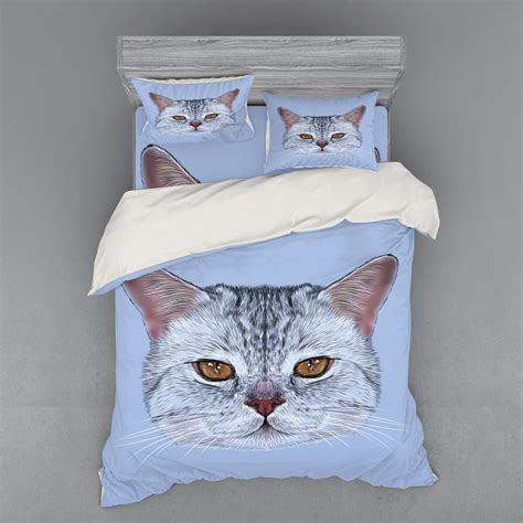 Cat Duvet Cover Set, Scottish Straight Kitty Portrait Pet Companion Hipster Animal Graphic ...