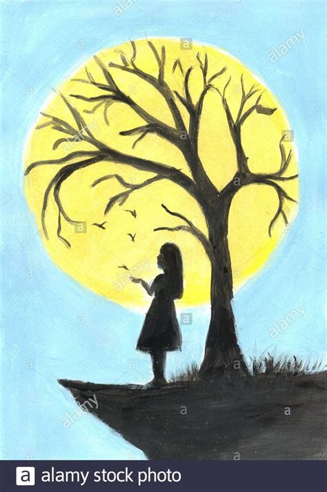 Lonely girl in the dusk by tree. Landscape illustration Girl watching ...