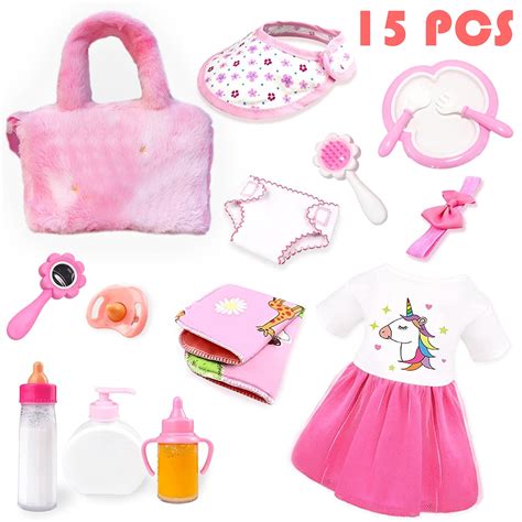 Sytyle-Carry 15Pcs Baby Doll Kit, Feeding & Caring Set, Pretend Play for Kids 3-6 Years, Fits 14 ...