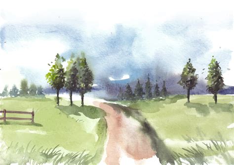 Nature landscape with road and garden fence watercolor 12669680 Vector ...