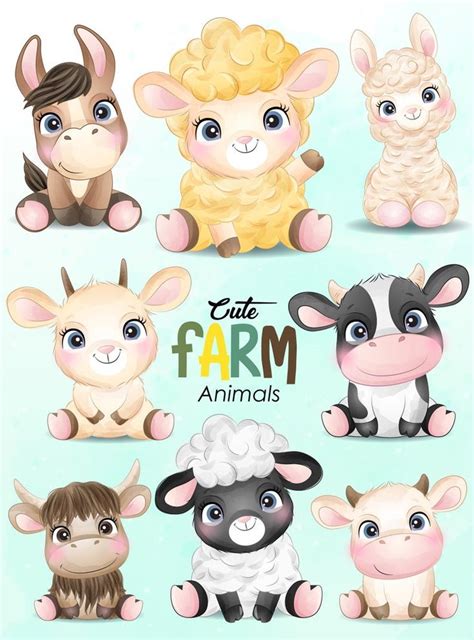 Cute farm animals clipart with watercolor illustration in 2021 | Farm animals clipart, Cute farm ...