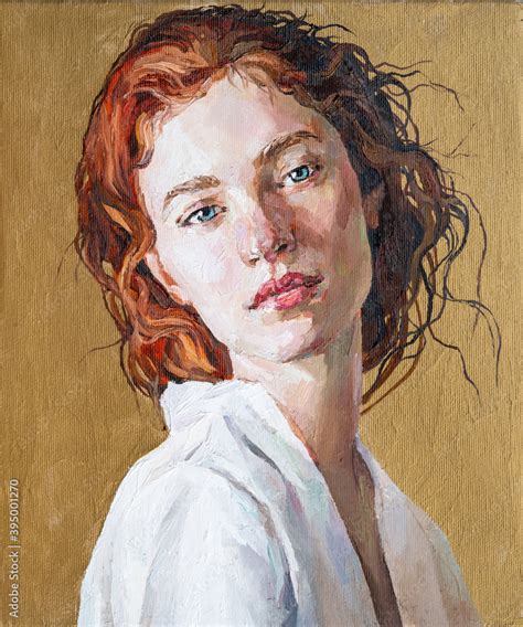 Oil painting. Portrait of a red-haired girl on a gold background. The ...