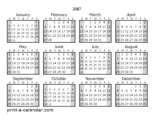 2067 one page yearly calendar with shaded weekends