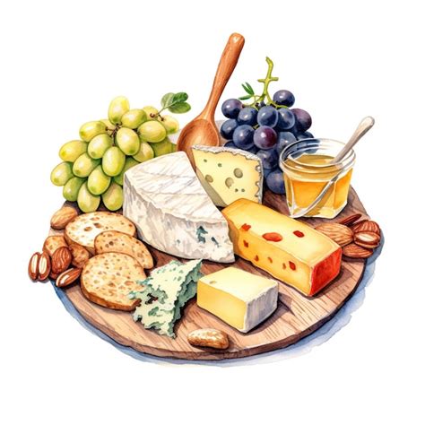 Premium Photo | A drawing of a cheese platter with grapes, nuts, and honey