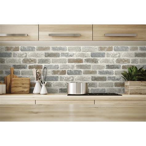 NextWall Washed Faux Brick Grey And Rust Vinyl Peel & Stick Wallpaper Roll (Covers 30.75 Sq. Ft ...