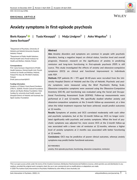 (PDF) Anxiety symptoms in first‐episode psychosis