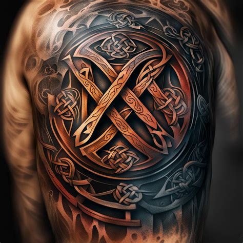 Tattoo of Celtic runes tattooed along a man’s bicep detailed matte painting, deep color ...