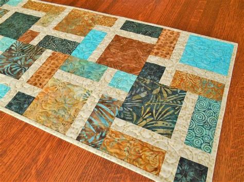 Modern Quilted Batik Table Runner in Turquoise Brown Gold | Etsy ...