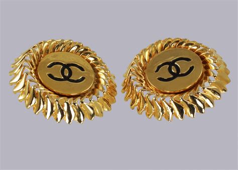 Chanel Earrings CC Gold & Black Enamel Vintage 1980's Clip On Earrings