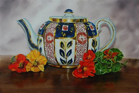 Old Teapot With Nasturtiums - Oil Painting Painting by Avril Brand