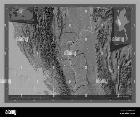 Magway, division of Myanmar. Bilevel elevation map with lakes and rivers. Locations and names of ...