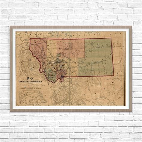 Old Map of Montana, Montana Map 1865, Territory of Montana, Antique Restoration Hardware Style ...