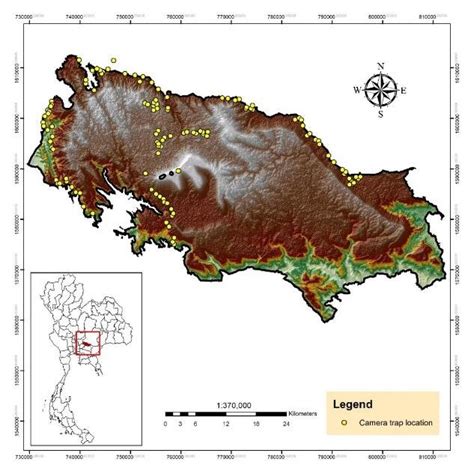 Map of Khao Yai National Park, Thailand and the camera trap locations ...