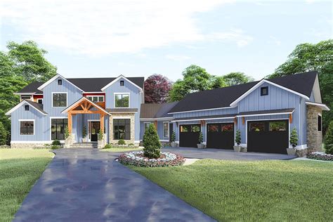 2-Story 5-Bedroom Spacious New American Farmhouse with Angled 3-Car Garage (House Plan)