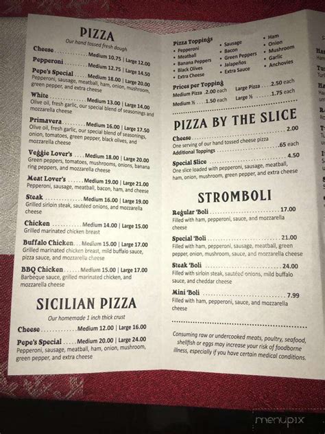 Menu of Pepe's Pizzeria in Kane, PA 16735