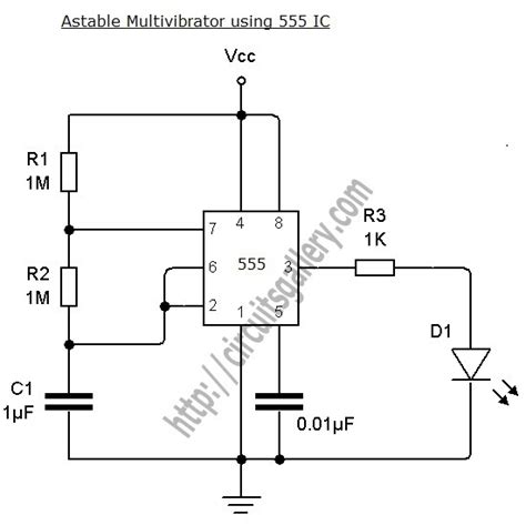 Astable Multivibrator using NE 555 timer IC -Circuit diagram and working | Electronics Circuits