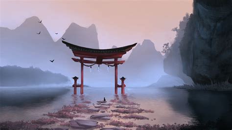 Download Cat Mountain Lake Torii Anime Shrine Anime Cat HD Wallpaper by Laura Ortega