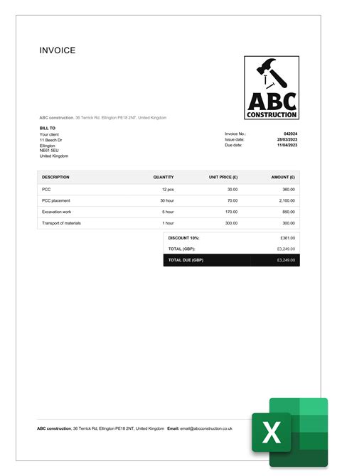 Free Construction Invoice Templates in Excel | Billdu