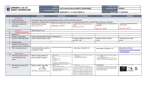 DLL Science 5 Q3 W1 - GRADES 1 to 12 DAILY LESSON LOG School: Grade ...