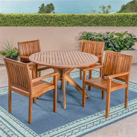 5-Piece Teak Finish Round Outdoor Furniture Patio Dining Set - Walmart.com