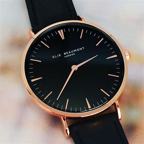 Black Leather Elie Beaumont Personalised Watch In Modern Vintage Style – Luxe Gift Store