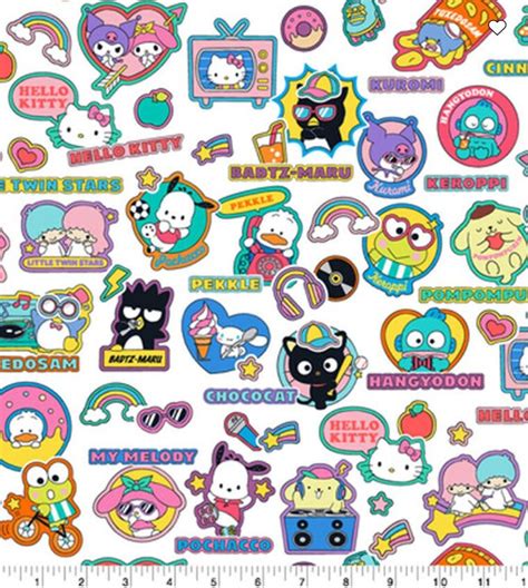 Hello Kitty & Friends Stickers 100% Cotton Fabric by the Yard Keroppi Sanrio Kuromi Cinnamoroll ...