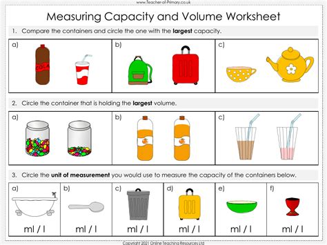 Measuring Capacity and Volume - Worksheet | Math 1st Grade