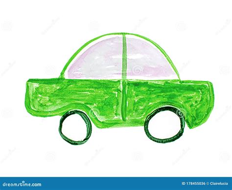 Cute Watercolor Drawing of a Cartoon Green Car, Children`s Illustration Hand Drawing Stock ...