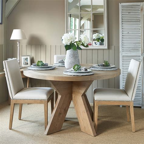 Newport round weathered oak dining table with contemporary crossed ...