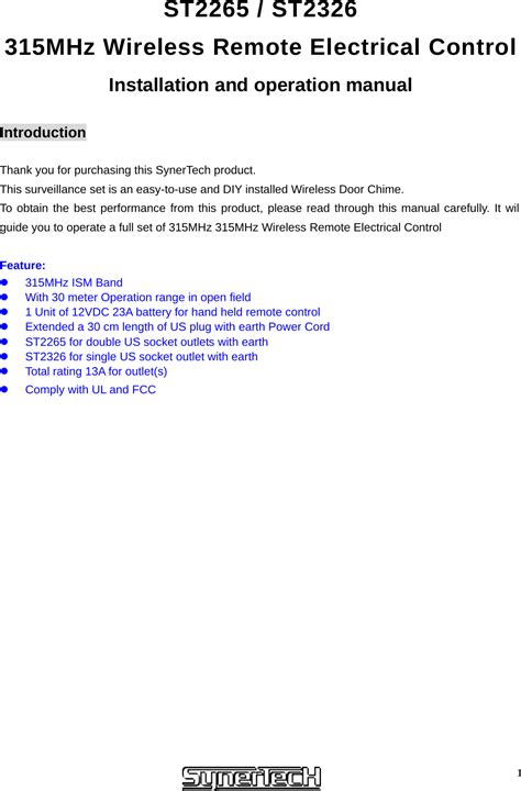 SynerTech ST-2326 Remote control User Manual