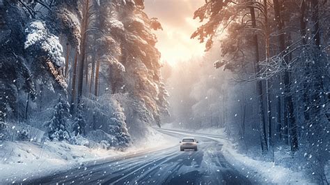 Snowy Road In Winter Forest With Moving Car Background, Winter, Road ...