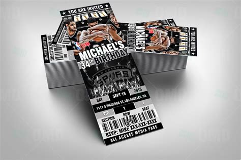 2.5×6″ San Antonio Spurs Sports Ticket Style Party Invites – Sports Invites