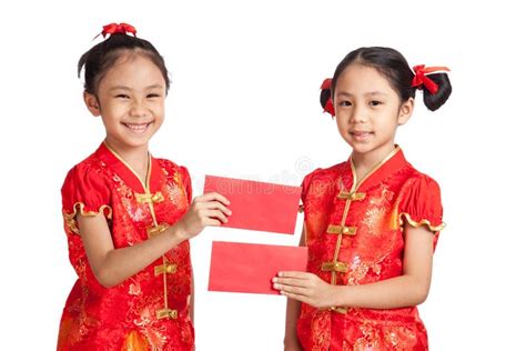 Asian Twins Girls in Chinese Cheongsam Dress with Red Envelope Stock Image - Image of costume ...