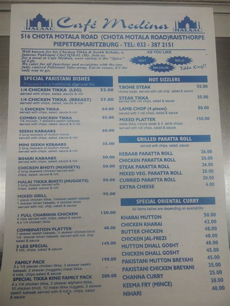 Menu at cafe medina, Pietermaritzburg