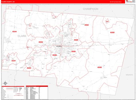 Clark County, OH Zip Code Wall Map Red Line Style by MarketMAPS - MapSales