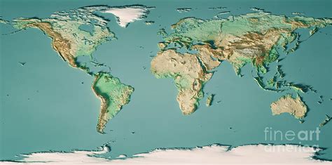 World Map 3D Render Topographic Map Color Digital Art by Frank Ramspott - Pixels