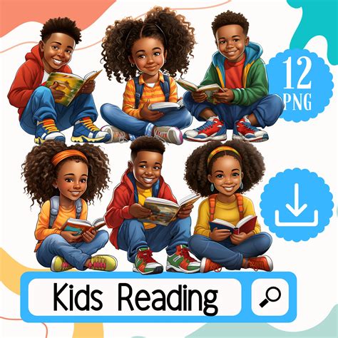 Black Kids Reading Clipart PNG. 12 Boys and Girls Bookworm Black ...