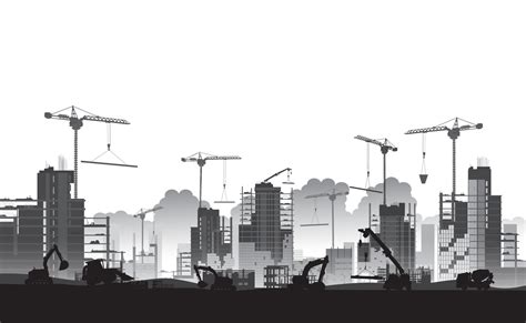 Silhouette Building construction site with cranes and skyscraper and excavators with grader ...