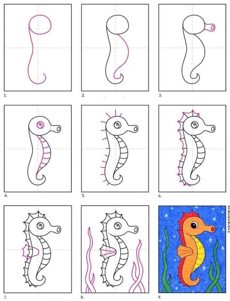 How to Draw an Easy Seahorse Tutorial and Seahorse Coloring Page | Seahorse drawing, Art ...