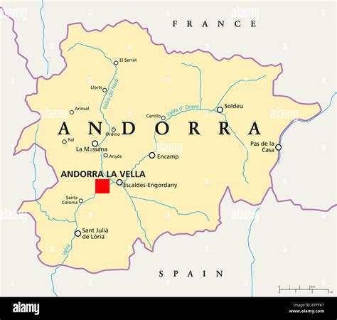 Andorra political map with capital Andorra la Vella, national borders, important cities and ...