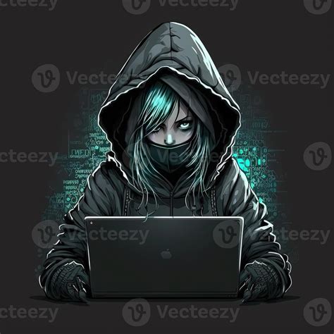 Cute girl hacker with laptop. Avatar in cartoon style. Balck backdrop ...