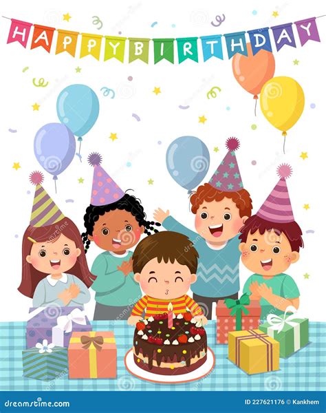 Cartoon of Happy Group of Kids Having Fun at Birthday Party. Little Boy Blowing Out Candle on ...