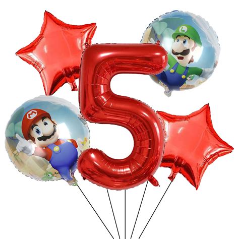 Buy Mario 5th Birthday Decorations Red Number 5 Balloon 32 Inch | Mario Balloons for Kids ...