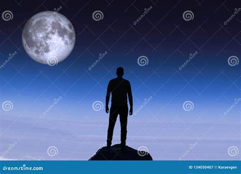 Silhouette of a Man on Background of the Moon. Stock Image - Image of ...