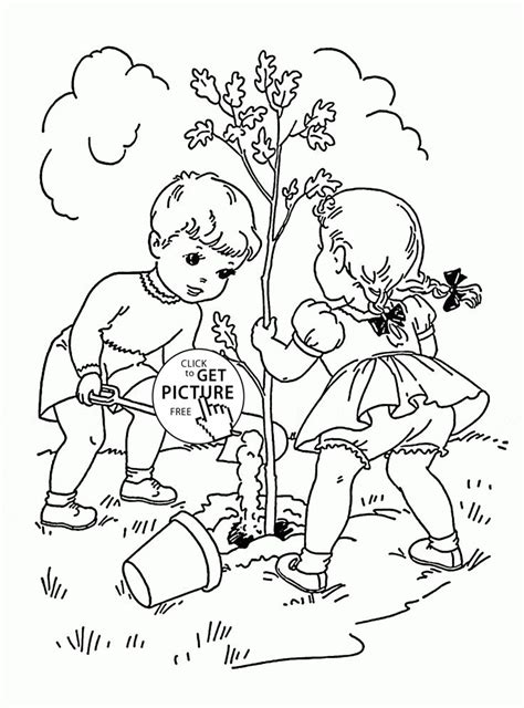 Children Plant Tree coloring page for kids, spring coloring pages ...