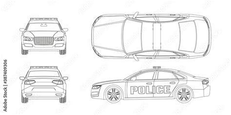 Vetor de Outline police car blueprint. Front, side, back and side views ...